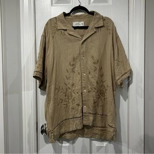 Abercrombie and Fitch Tan Embroidered Summer Linen Blend Button-Up Shirt